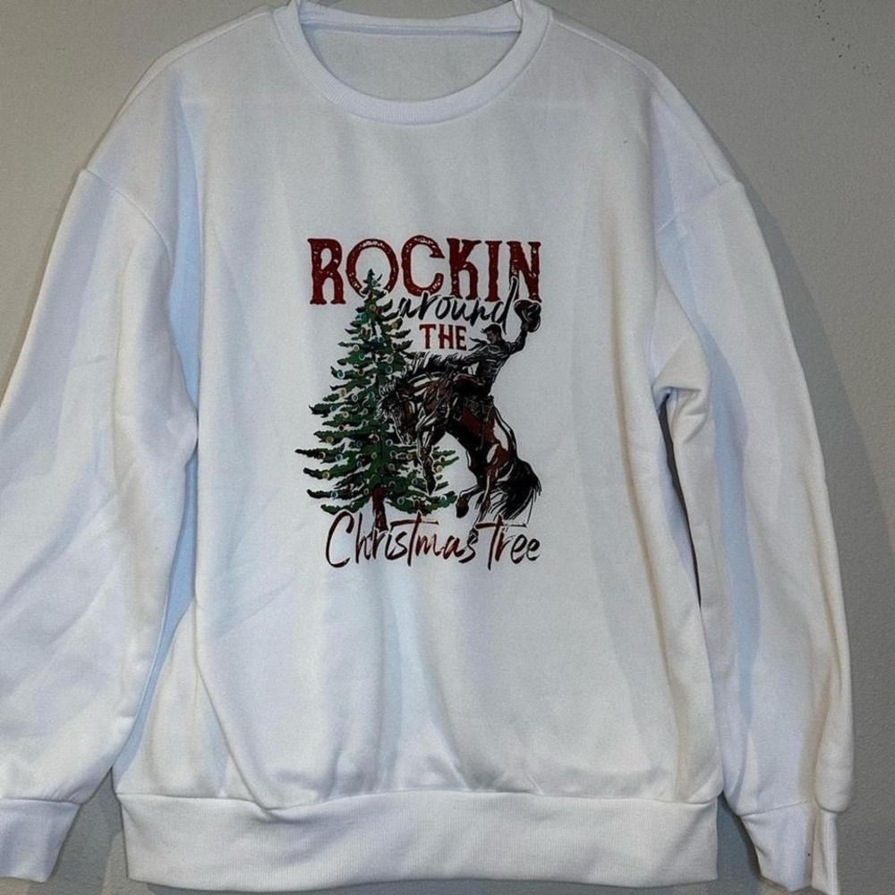 NWT White "rocking around the Christmas tree" sweatshirt size large.